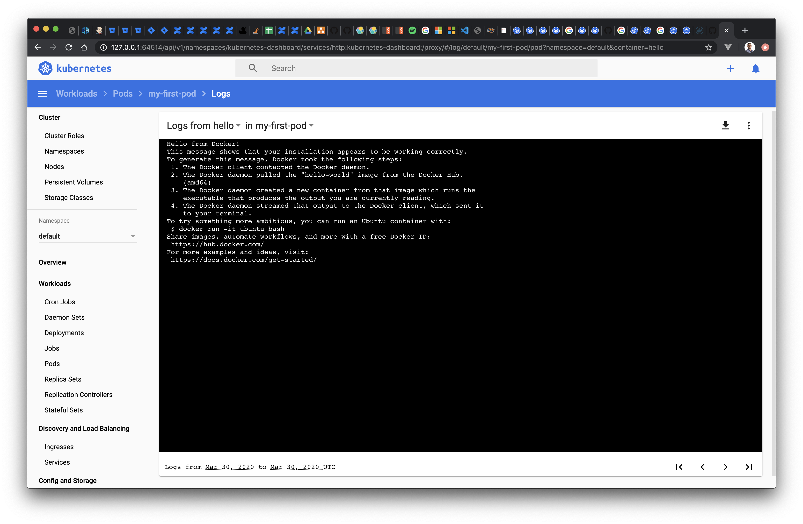 Checking the container logs in the dashboard